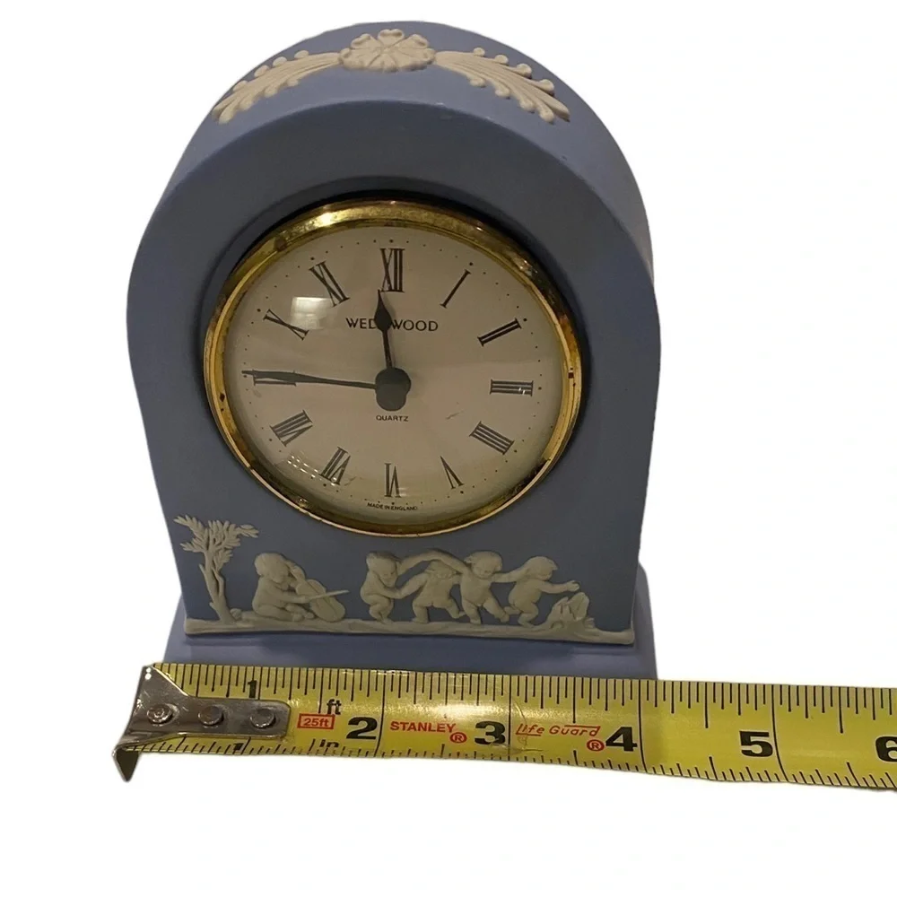 Wedgwood Portland Blue Jasperware Dome Mantel Clock with Cherubs Roman Numerals